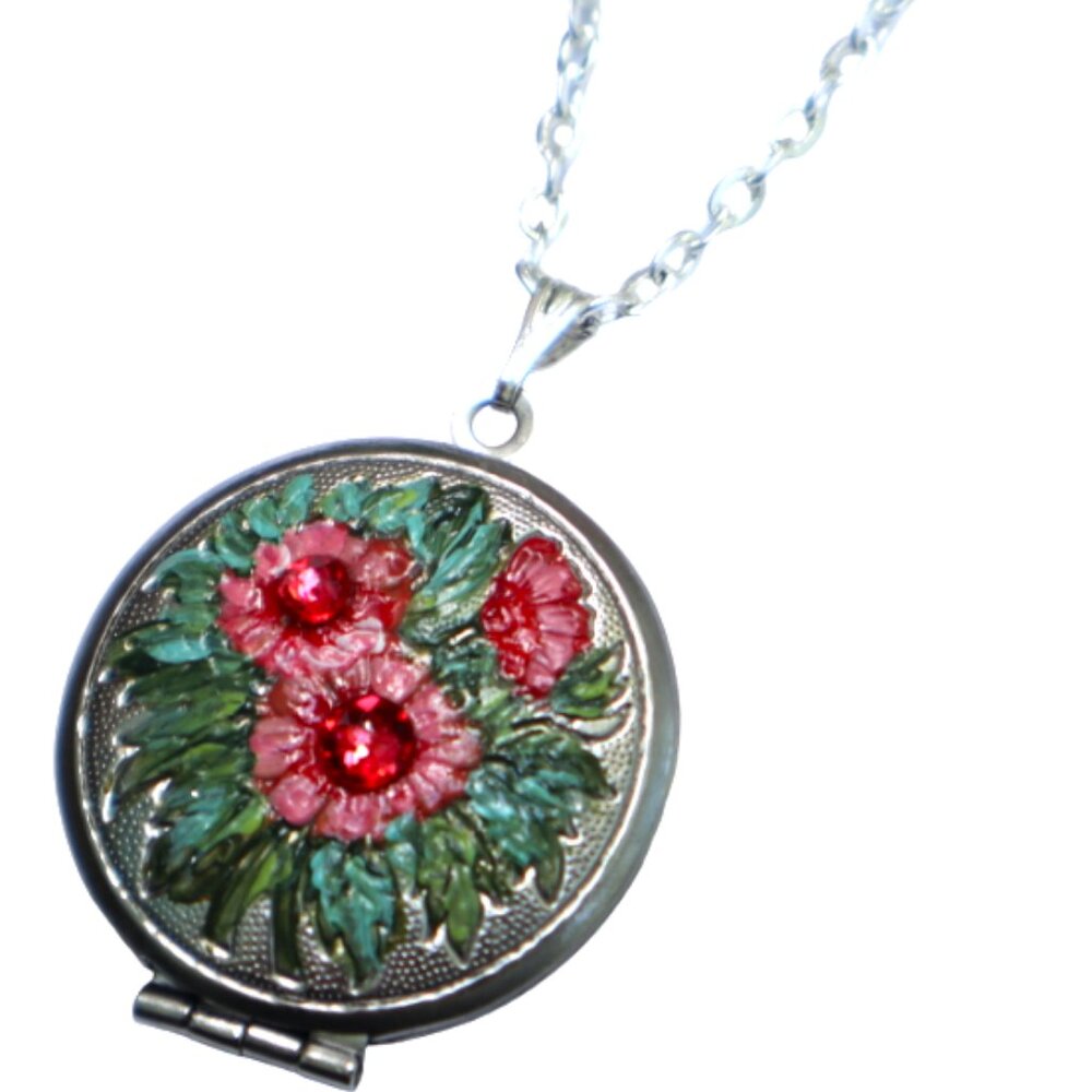 NEW Handmade Romantic Art Nouveau Floral Locket Necklace Hand Painted Accents